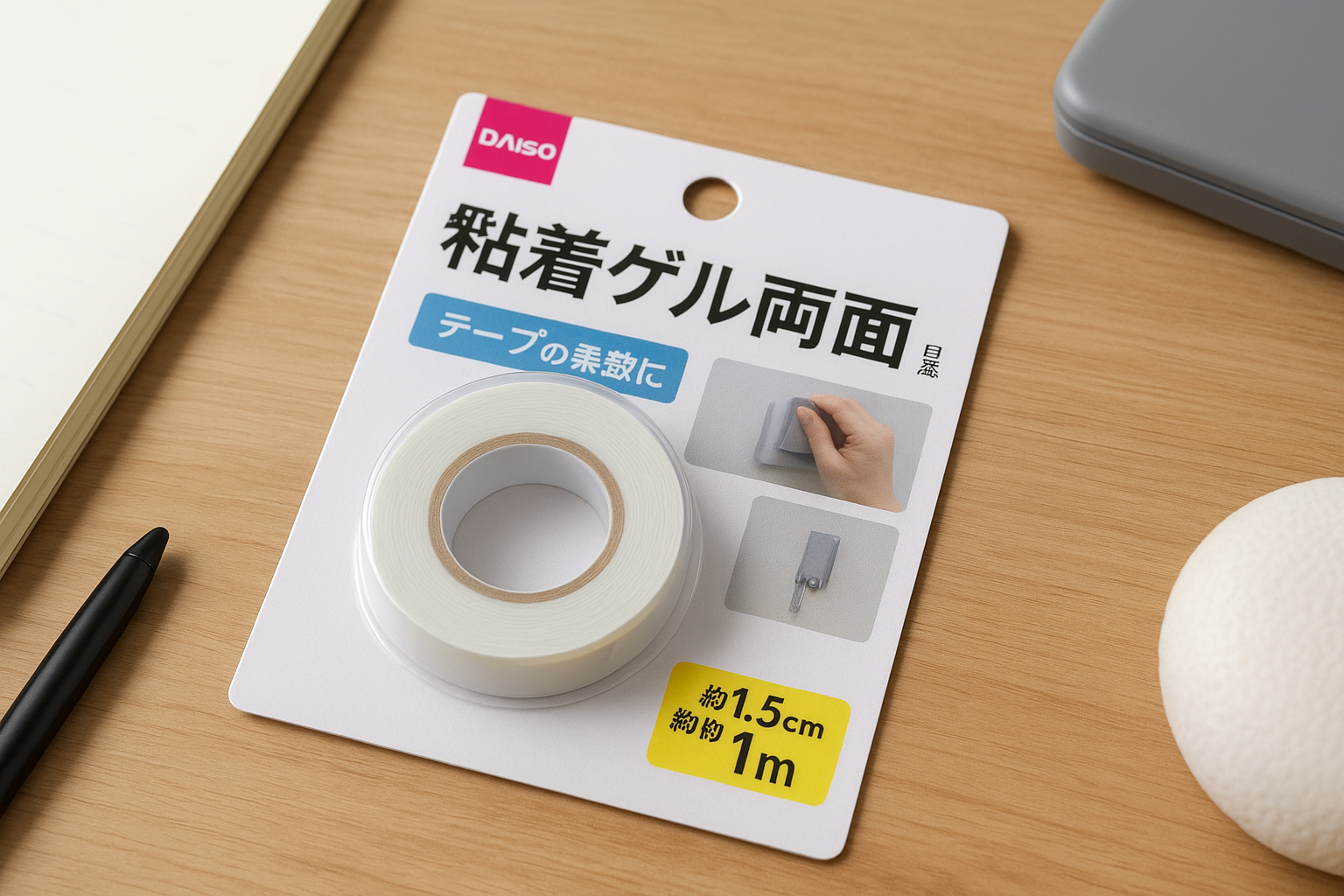 ダイソーの粘着ゲル両面テープは文房具・DIY・防災コーナーにあります